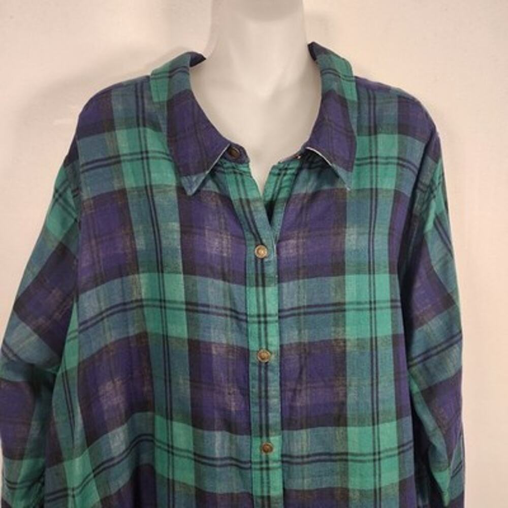 Joan Rivers Womens Cotton Plaid Reversible Boyfriend Shirt 2X Navy Emerald Snap - Picture 3 of 14